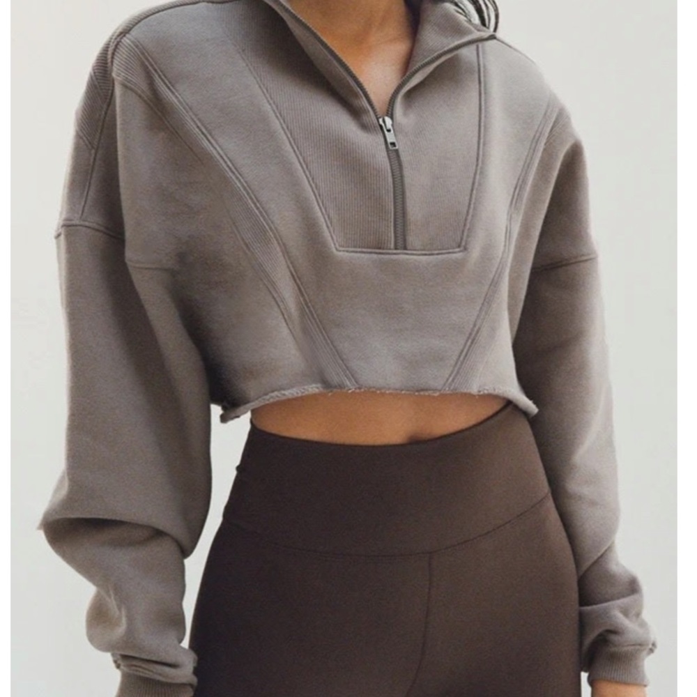 JOAH BROWN HALF ZIP CROP SWEATshirt PEPPERCORN medium large